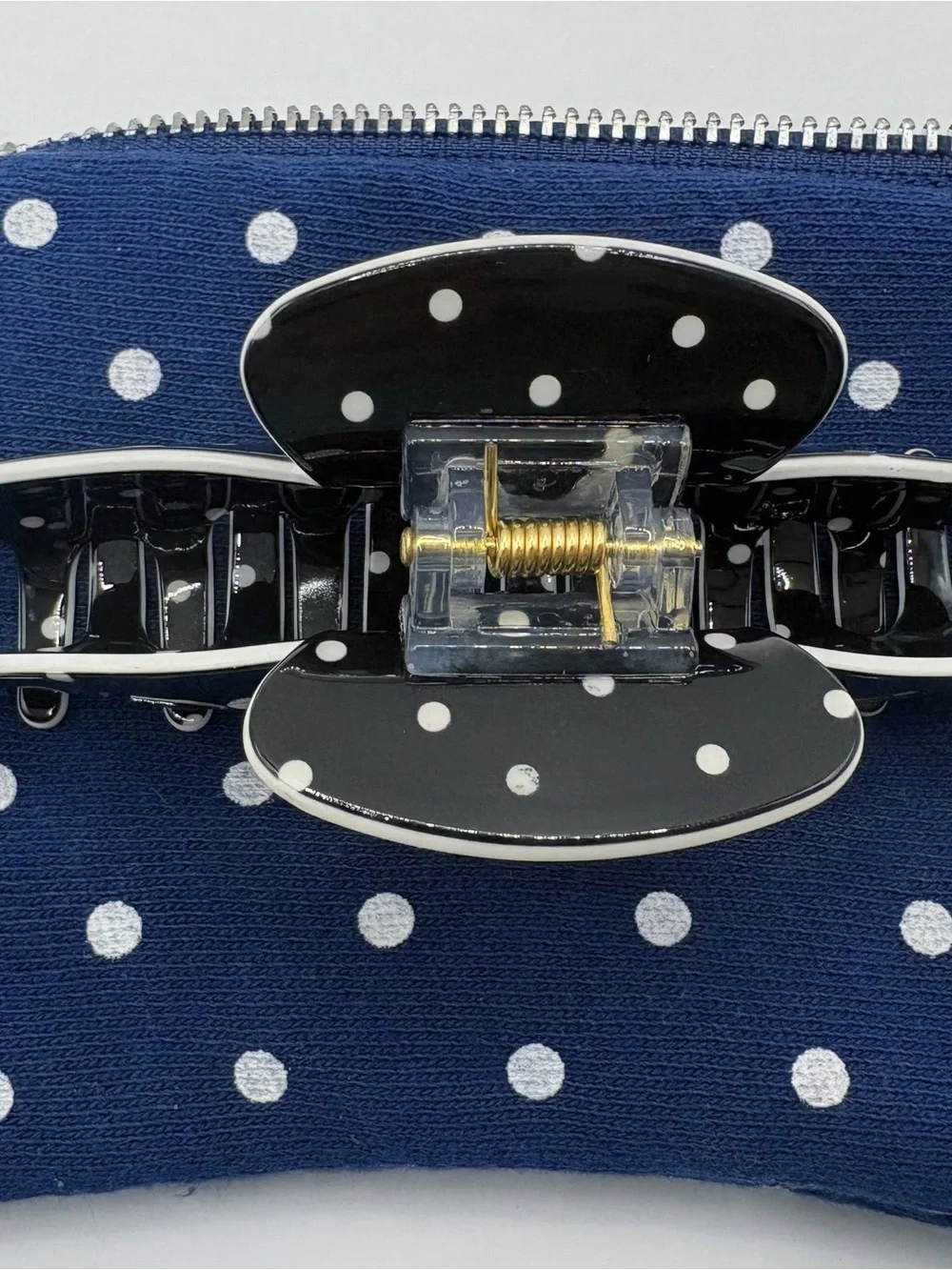 Brand New Parke Black Polka Dot Claw Clip w/ Zippered Pouch